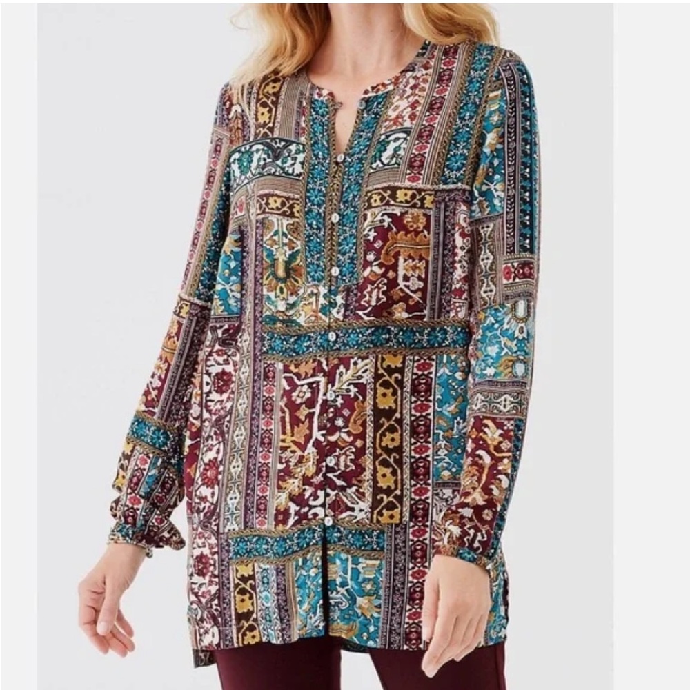 J. Jill Patchwork Tunic Button Down Top, Small